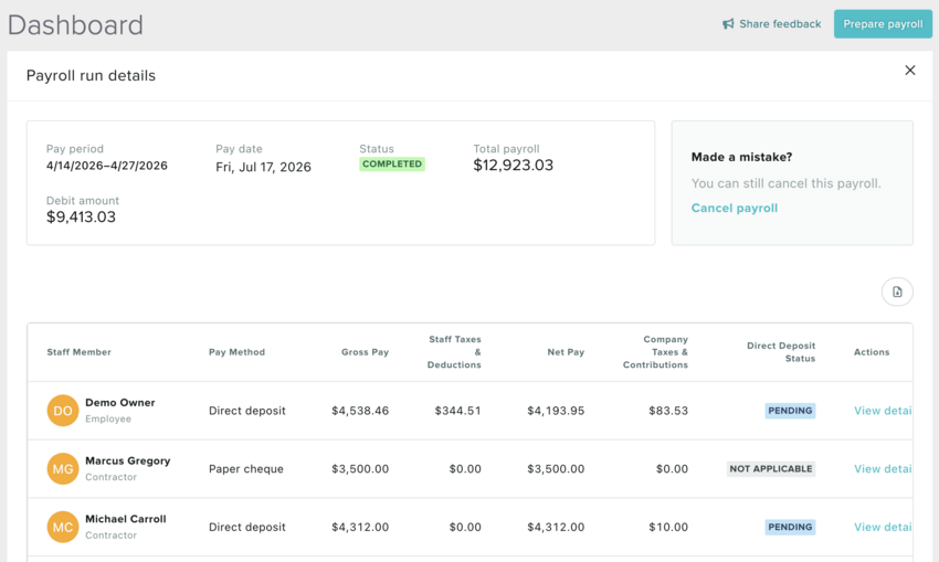 The payroll run detail screen showing the Cancel Payroll button in the top right corner