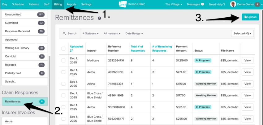 The Remittances folder showing the drag and drop area and the Upload button in the top right corner.