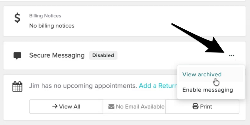the three dots by secure messaging selected with the View archived option available