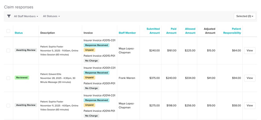 The remittance view screen showing a list of claim responses and their status