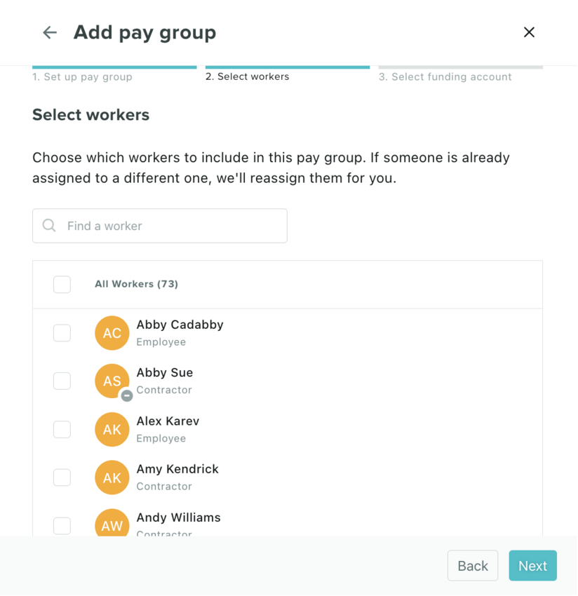 The staff member selection screen for the Pay Group