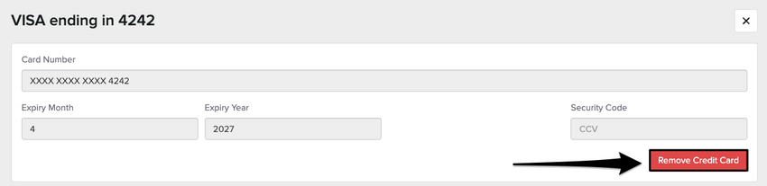 an image of where to view the delete credit card option appears once you navigate to the credit cards area of their profile