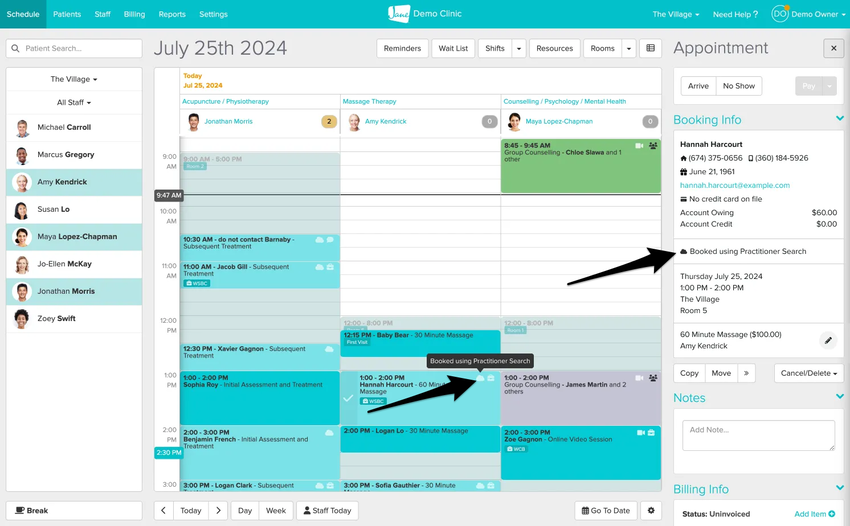 The admin schedule with the Booking Info panel open and a message showing the appointment was booked using Practitioner Search