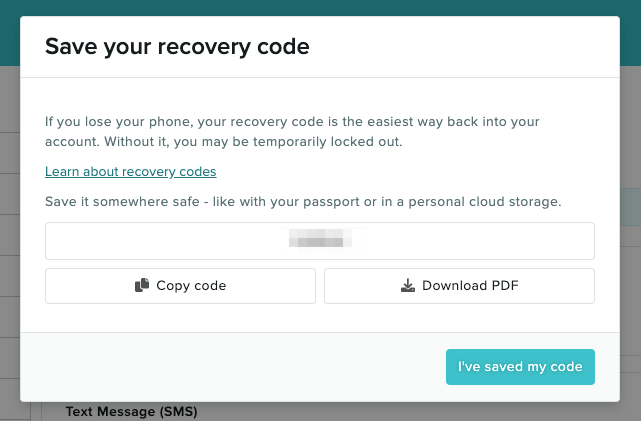 TThe Recovery code screen with an option to copy or download the code