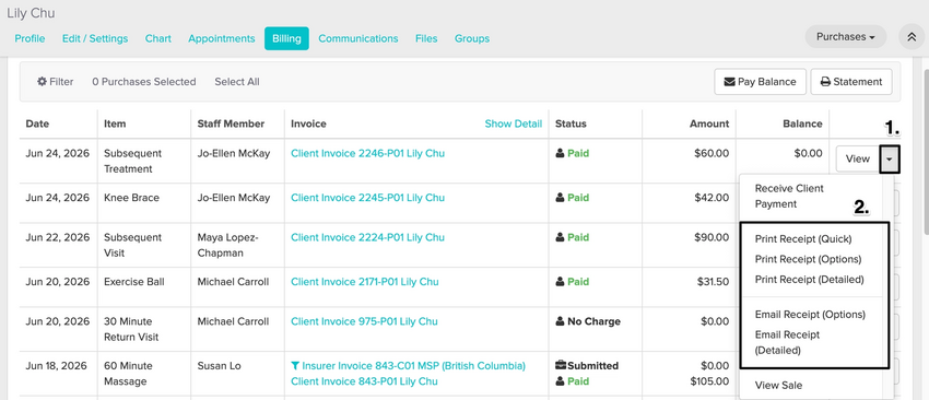 An image of the Billing tab of a patient's profile showing a list of purchases. The drop-down arrow next to the View button is expanded, displaying Print Receipt and Email Receipt options.