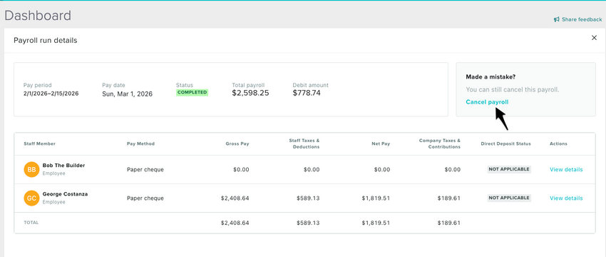 The payroll run details screen showing the Cancel Payroll button in the upper right corner