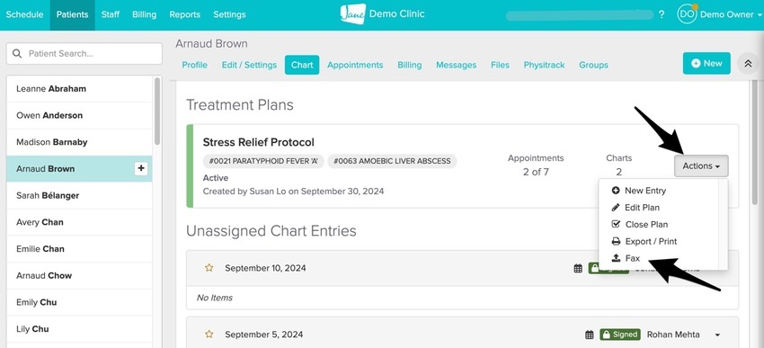 The Treatment Plan Actions menu with Fax selected
