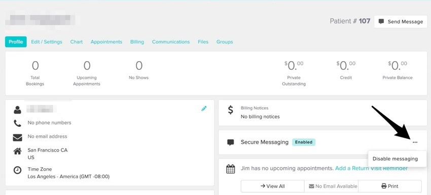 A patient's profile with the three dots selected in the secure messaging area