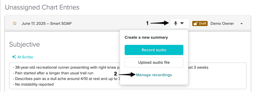 The top of a Smart SOAP Note chart entry showing the microphone icon with the Manage Recordings option available.