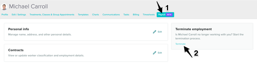 The staff member's Payroll tab showing the Terminate button