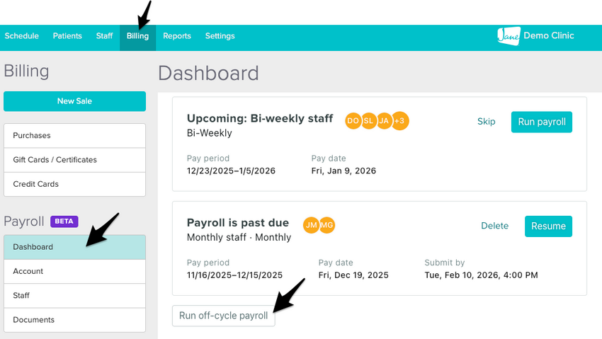 The Dashboard showing the Run off-cycle payroll button