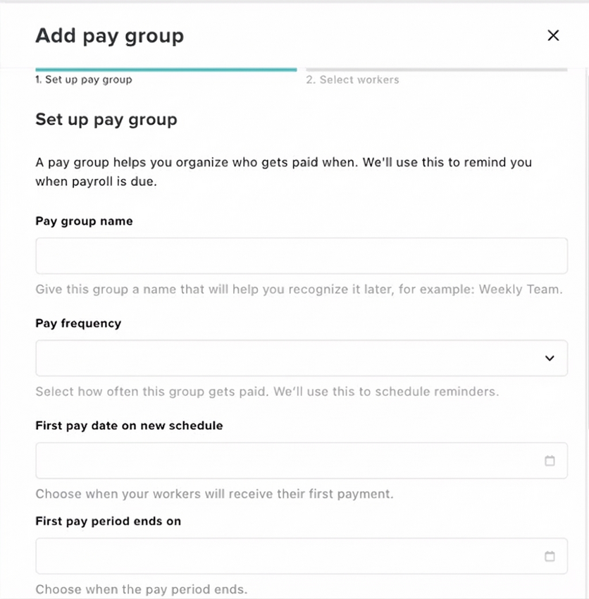 The Pay Groups setup screen showing pay cycle and pay date fields