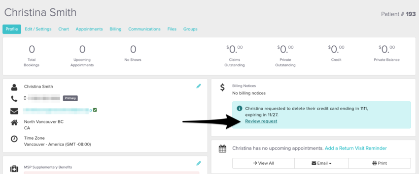 An image of what the notification looks like within the Billing Notices section of a patient's profile