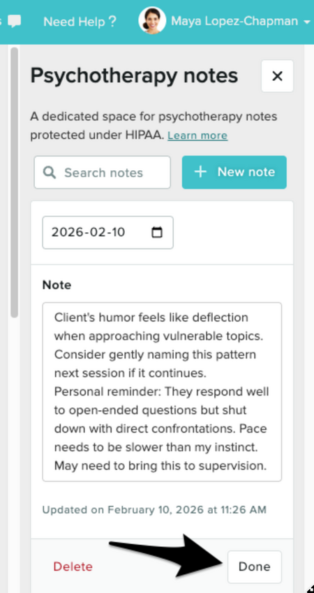 The done button under the psychotherapy note