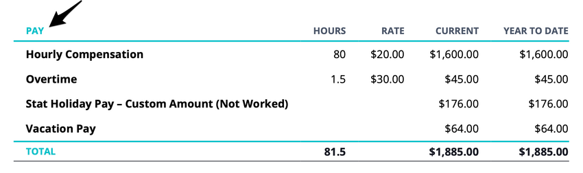 The Pay section of an employee pay stub showing pay types and current and year-to-date amounts