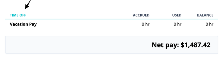 The Time Off section of an employee pay stub showing accrued balances