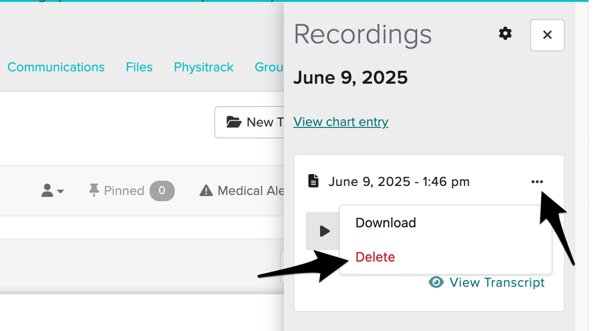The Manage Recordings panel showing the three dots menu open next to a recording with the Delete option highlighted.