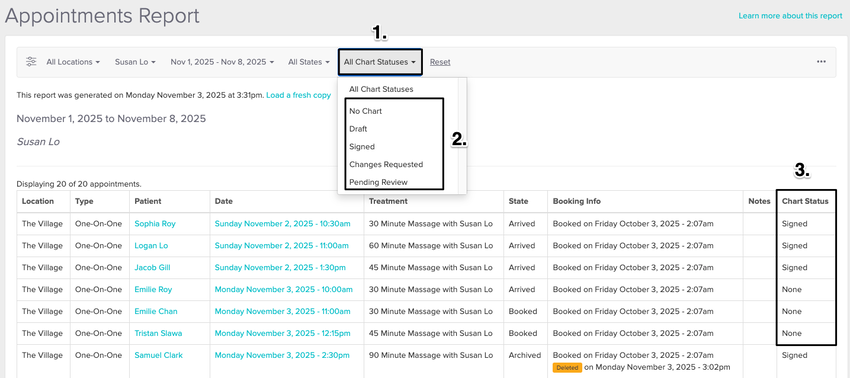 An image of the where to view the filter for chart status options and the different statuses