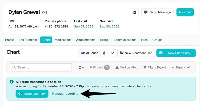 the AI Scribe transcribed a session message with the Manage Recording button underneath