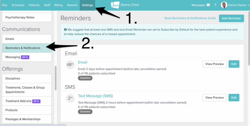 The reminders and notifications area in the settings menu