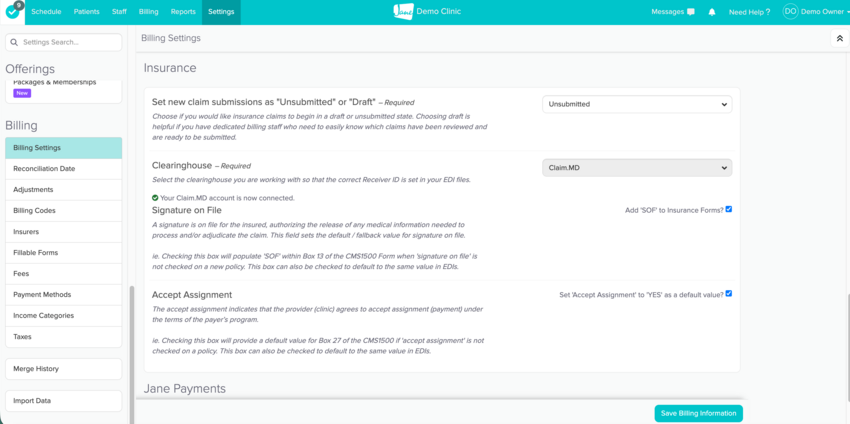 The Insurance section of Billing Settings with the Clearinghouse drop-down set to Claim.MD and a confirmation that the Claim.MD account is connected