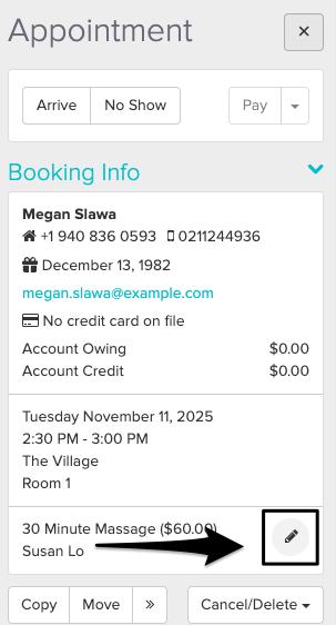 an image of where to view and click on the pencil icon once the appointment is clicked within the Schedule