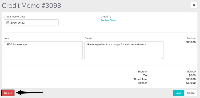 An image of the credit memo detail view with the red Delete button available after all invoices have been unapplied.