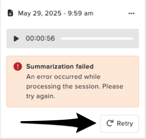 The Manage Recordings panel open with a retry button under the failed message