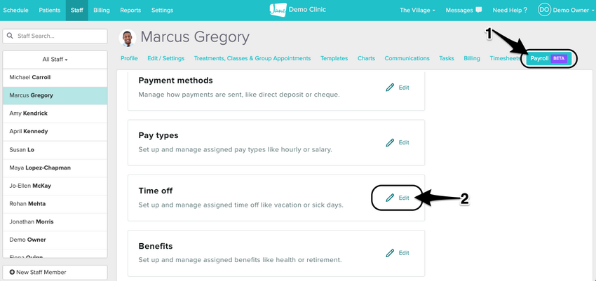 A staff meber's payroll tab with the edit button in the Time off section highlighted