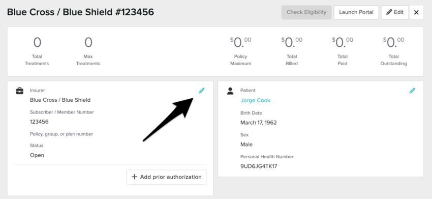Viewing an insurance policy with the pencil icon to the right of the insurer's name