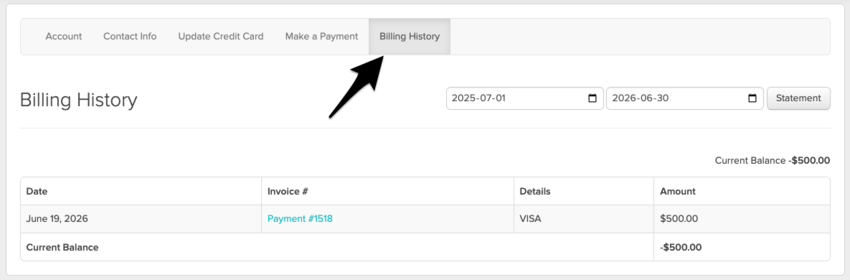the Billing History tab