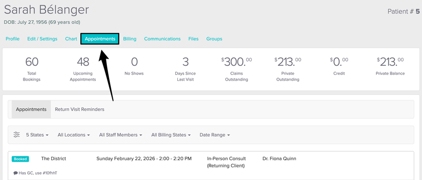 An image of where within the profile Jane redirects to the appointments tab within a patient's profile