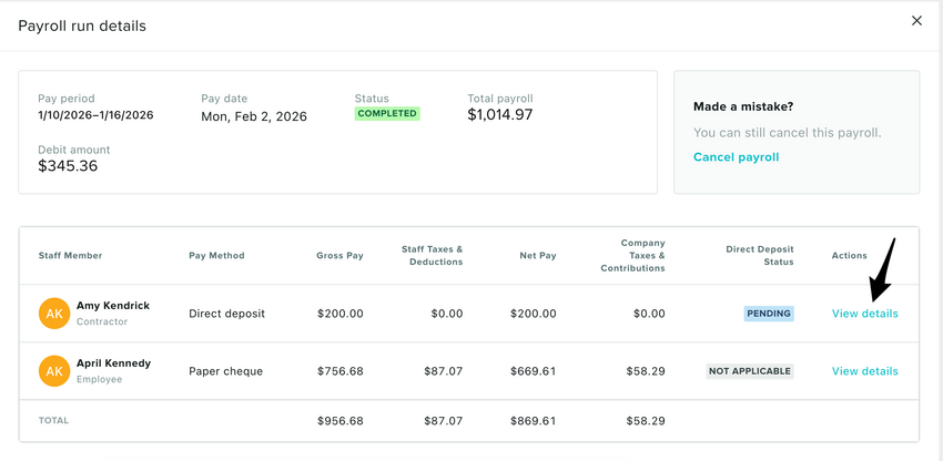 The Payroll Run List showing the View Details button