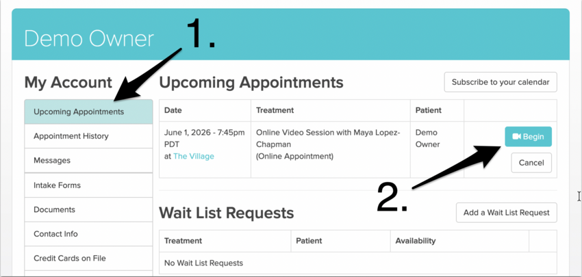 The My Account portal showing the Upcoming Appointments section with the Begin button next to an appointment