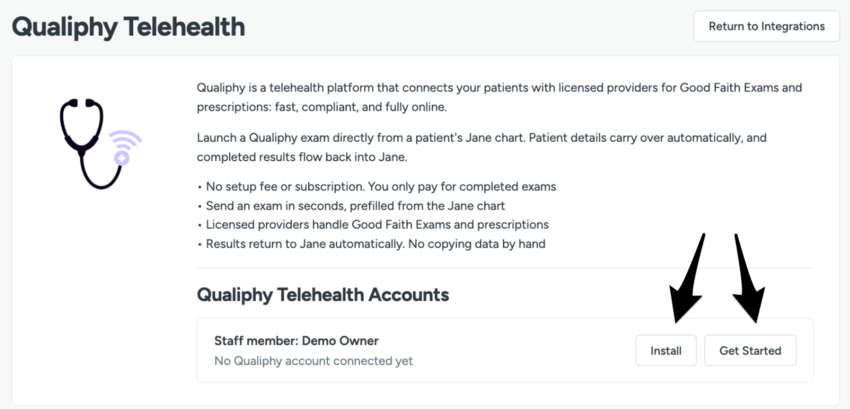 The Qualiphy Telehealth modal with the install and get started options