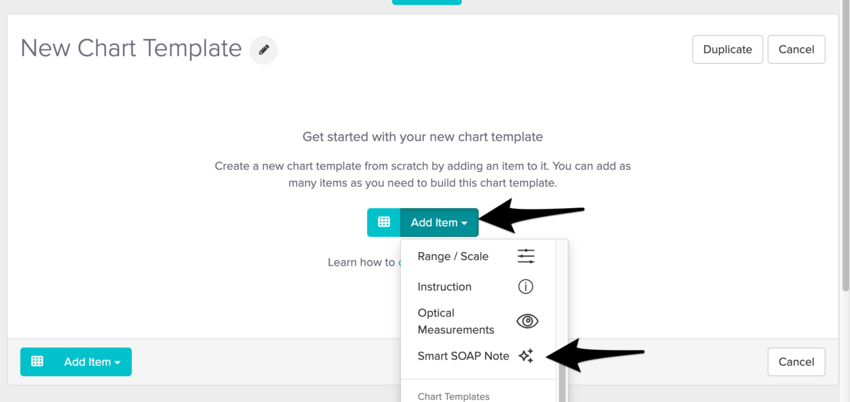 The Add Item dropdown in the chart template editor with Smart SOAP Note highlighted