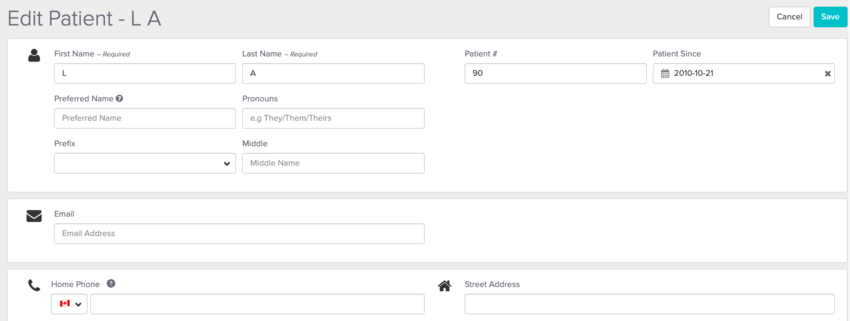 A patient profile being edited with initials in the name field rather than the patient's full name