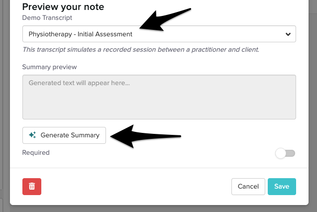 The Review your note section with a transcript dropdown and a generate summery button below it