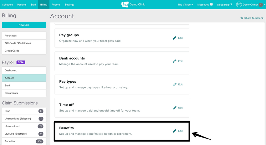 The Account tab with the Benefits section and edit button next to it