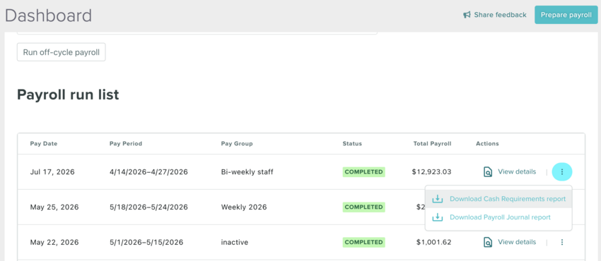 The three dots menu beside a payroll run showing the Cash Requirements Report and Payroll Journal Report download options
