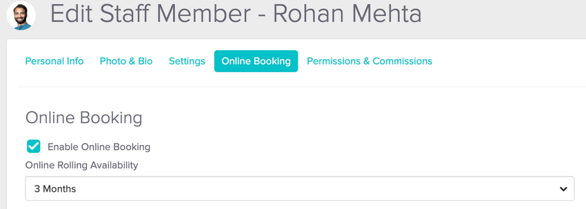 A staff member's online booking settings tab