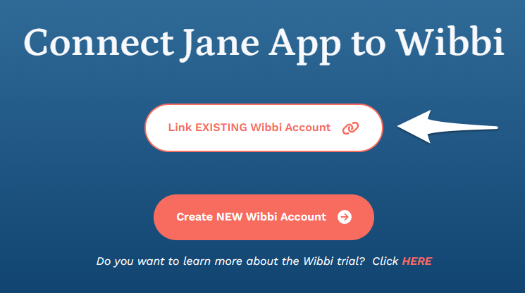 The Wibbi landing page showing the option to link an existing account versus create a new one.