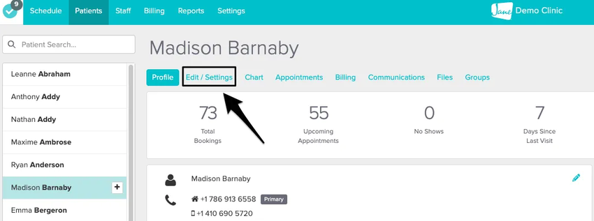 An image of where to view and update the email settings within a patients profile