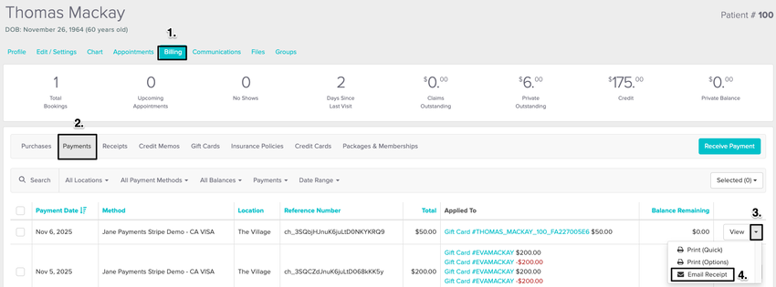 An image of the navigational steps to re-issue a receipt for an administrative gift card purchase