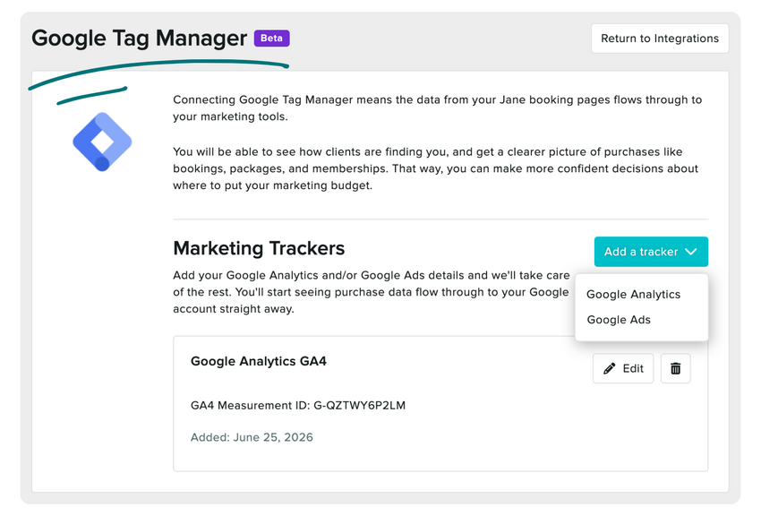 The Google Tag Manager integration settings showing connected Google Analytics and Google Ads trackers.