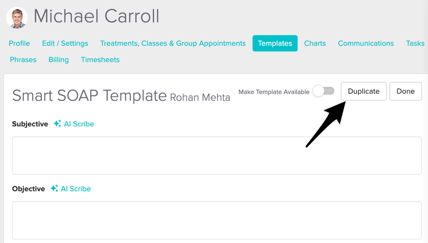 A Template open with the duplicate button to the right of the template's name