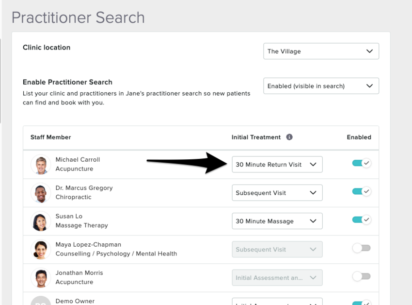 The Practitioner Search Settings page with a list of practitioners and a dropdown menu to choose their initial treatment