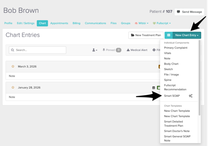 The New Chart Entry dropdown menu showing the Smart SOAP option