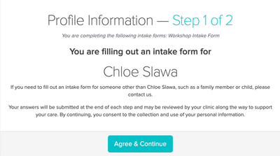 The pop-up window Jane displays to confirm you are completing an intake form on behalf of a family member.