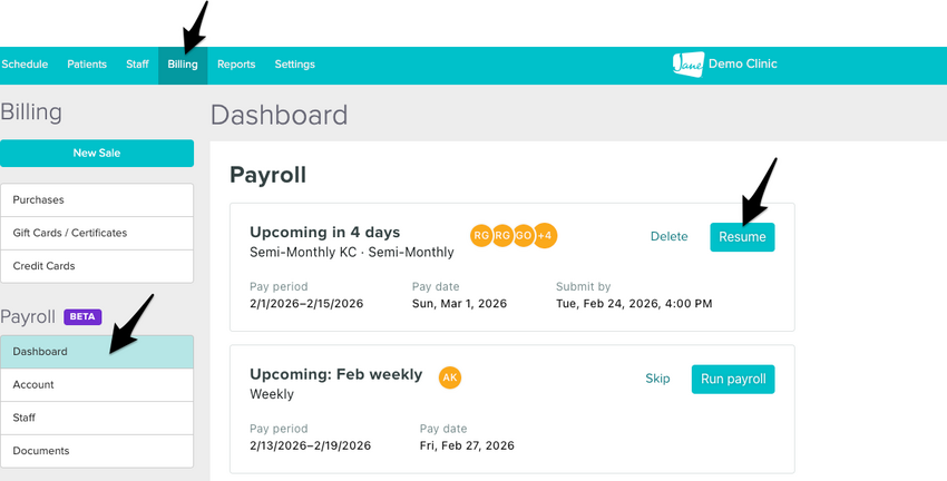 The payroll dashboard with a resume button next to the payroll cycle